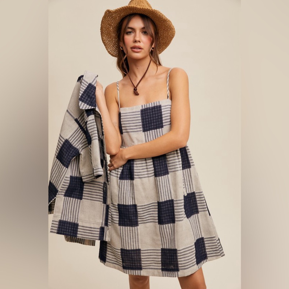 Striped Check Spaghetti-Strap Mini Dress in Navy and Cream